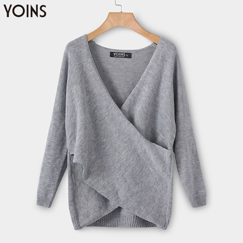 YOINS 2019 Women Sweater Autumn Winter Casual Criss Front V-neck Irregular Hem Jumper Pull Femme Streetwear Long Sleeve Tops