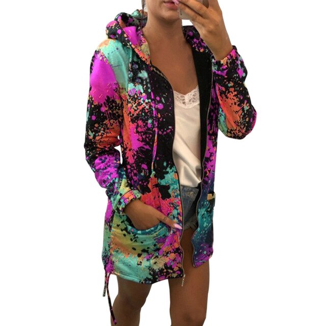 HEFLASHOR Women printed fashion hoodies jacket 2019 mid-length zipper streetwear clothes female thin drawstring hoody jackets