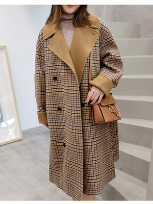 2019 Autumn Winter Women Plaid Coat Fashion Long Woolen Coat Loose Wool Blends Women Jackets Outwear Elegant Long Overcoat