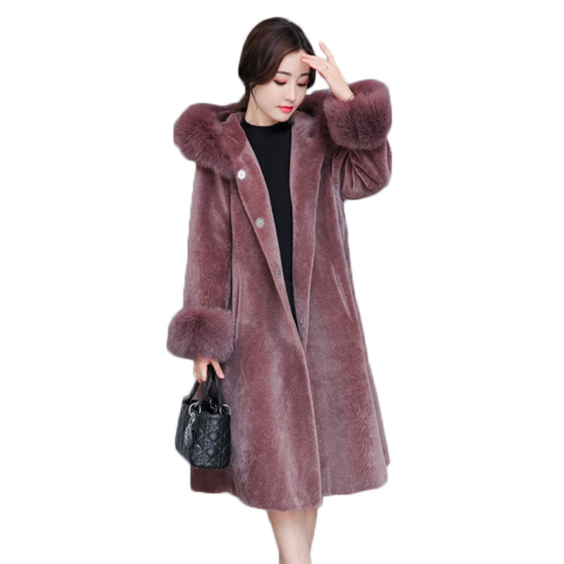 Plus Size Mother Coat 2019 New Winter Women Fur Coat Clothing Female Sheep Shearing Coat Faux Fox Fur Hooded Long Jacket NS1442