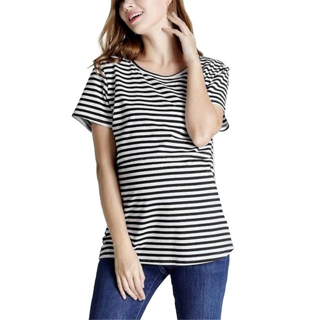 Hillsionly 2019 Women Maternity Tops Short Sleeve Striped Print Nursing T-shirt Top For Breastfeeding maternity clothes
