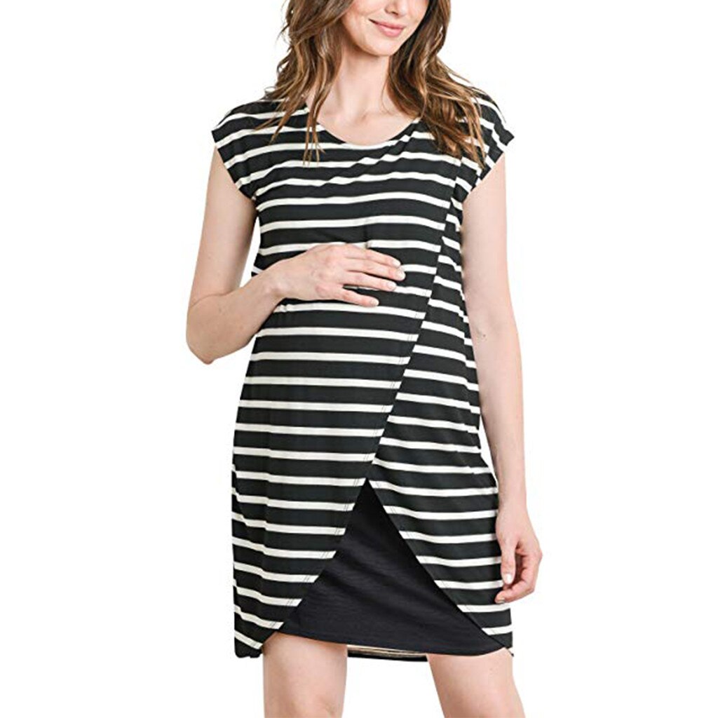 MUQGEW 2019 New Maternity Dress Women Maternity Stripe Print Nursing Wrap Top Cap Sleeveless Layer Blouse Dress Women Clothes