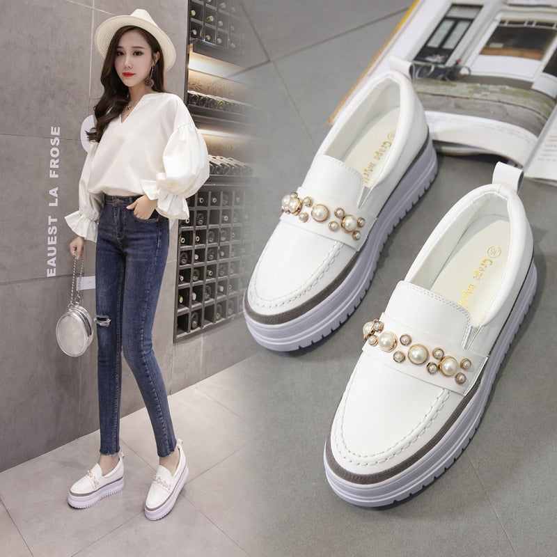 2019 Women's Shoes Spring Autumn New College Wind Pearl Thick Bottom Platform Shoes Woman's Lace-up Single Shoes Female QC336-2