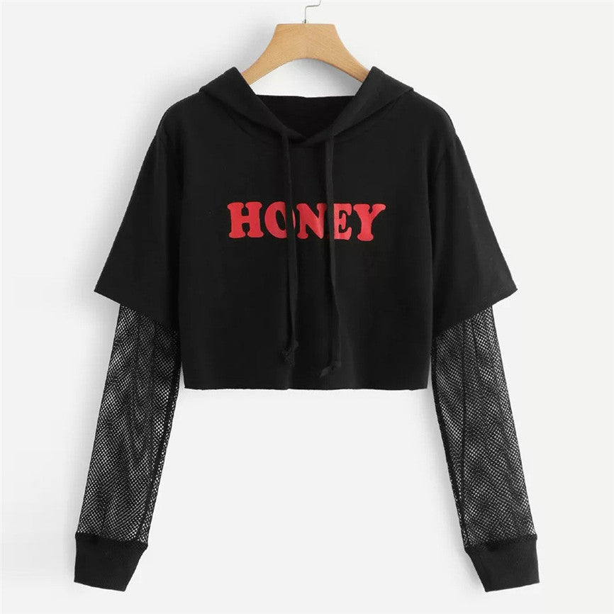 2019 Autumn Hoodie Womens Letters Mesh Long Sleeve Hoodie Sweatshirt Pullover Tops Blouse Cool Girls Sweatshirts Jumper Sweats