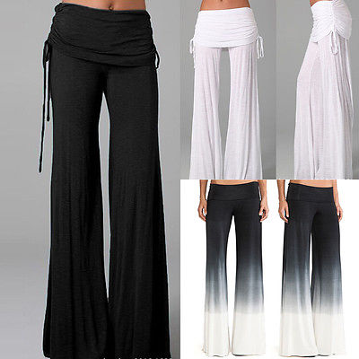 Women Ladies Trousers Solid Palazzo Dance Wide Leg Pleated High Waist Long Loose Pants