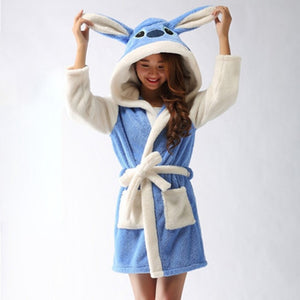 Winter Lovers Adult Stitch Panda Soft Bathrobe With Hood Women/Men Nightgown Home Clothes Warm Bath Robes Dressing Gowns