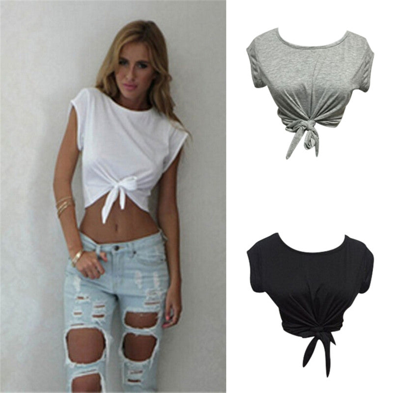 Women Knotted Tie Front Crop Tops Cropped T Shirt Casual Blouse Tanks camis White Grey Color