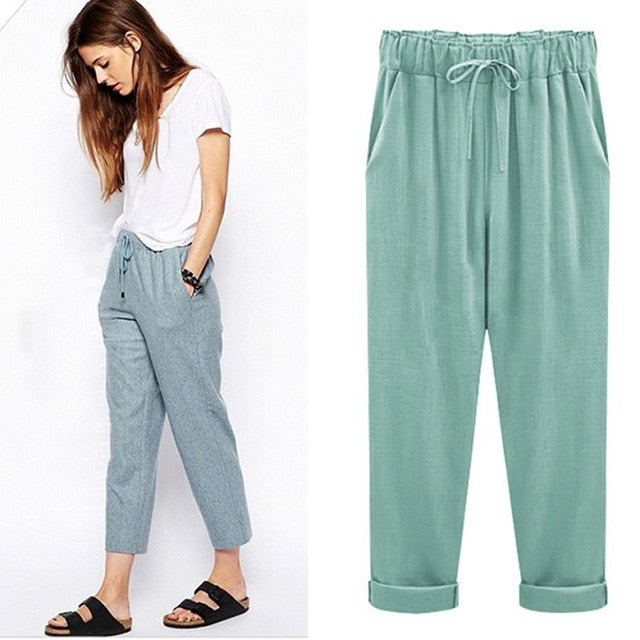 M-6XL Plus Size Women Pants Linen Cotton Casual Harem Pants Candy Color Harajuku Green Trousers Female Ankle-length Length Pants