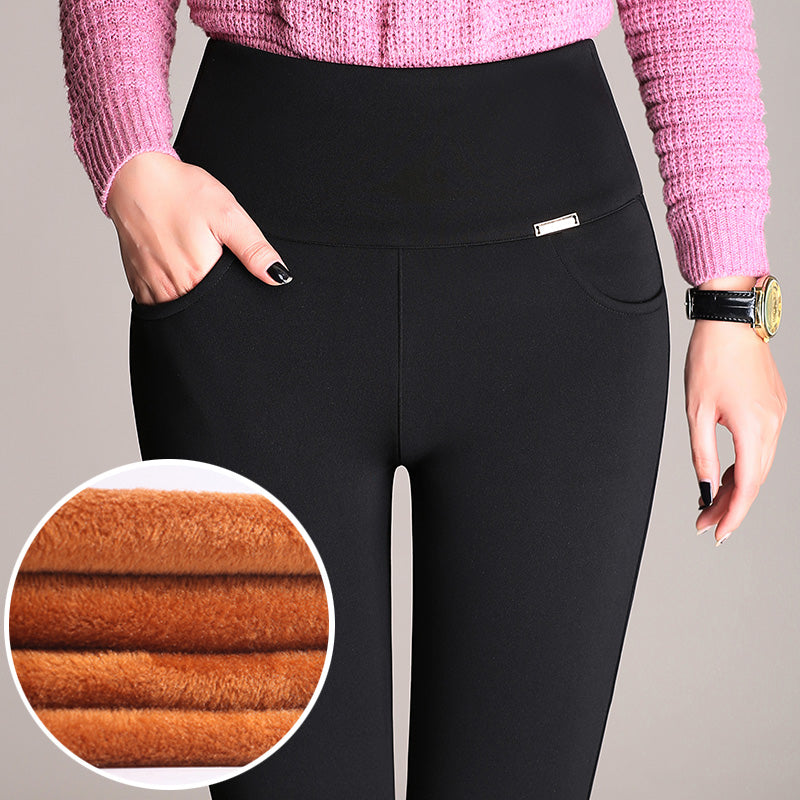 WKOUD Plus Size Trousers Women Office Lady Slim Elegant Winter Warm Pencil Pants High Waist Stretch Thickening Leggings P8612