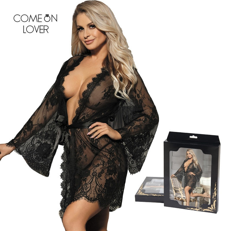 Comeonlover Long Sleeves Gowns For Women Thin Style Black White Sexy Kimono Sleep Robes Lace Floral Big Size Bathrobe RT80528