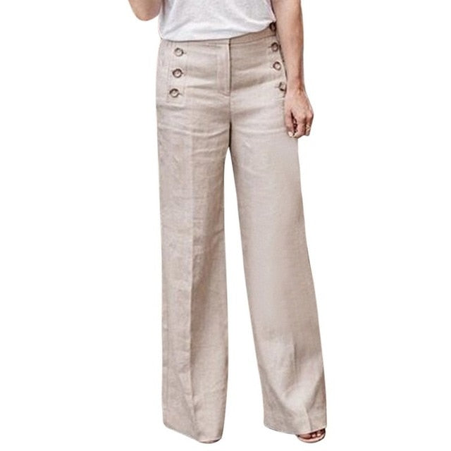 2019 New Autumn Cotton Linen Wide Leg Trousers Women Casual Loose High Waist Pants Female Loose Solid Button Pants Outerwear