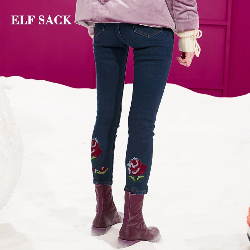 ELF SACK New Fashion Woman Jeans Cotton Casual Straight Plaid Pants Women Mid Rose Print Femme Streetwear Trousers Female Pants
