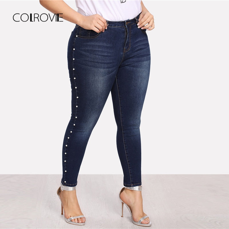 COLROVIE Plus Size Blue Pearls Beads Casual Denim Jeans Woman Autumn Vintage Pocket Skinny Women Jeans Femme Stretchy Pants