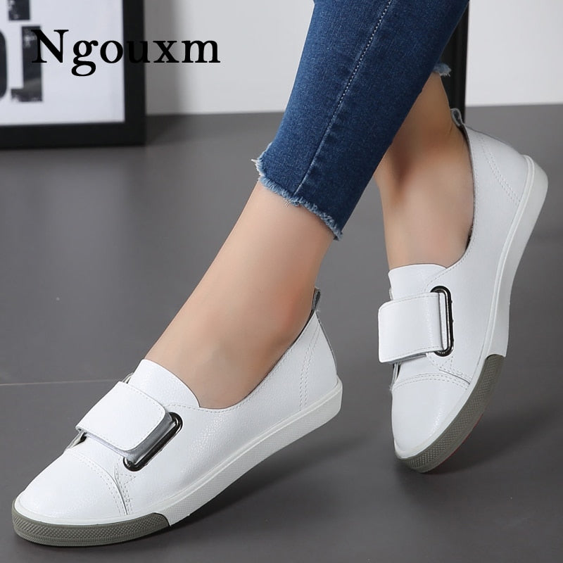 Ngouxm 2019 Fashion Women Loafers Flats Woman Lady female Slip On White Genuine Leather Moccasins Casual Shoes zapatos de mujer