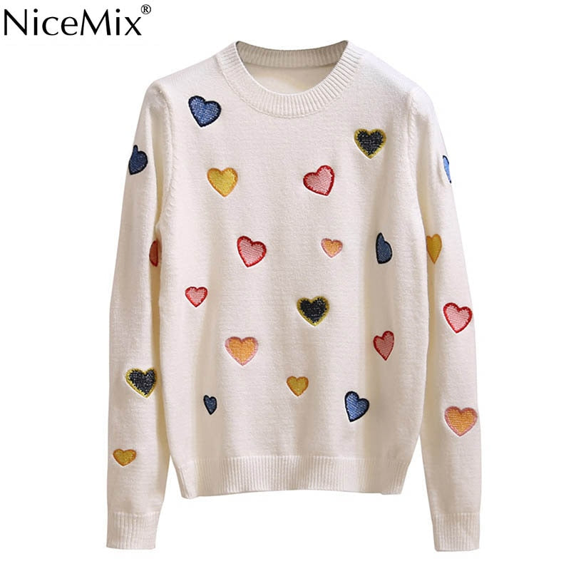 NiceMix 2019 Autumn Winter Casual Sweater Women Heart Embroidery Harajuku Knitted Pullover Sweater Women Tops Pull Femme