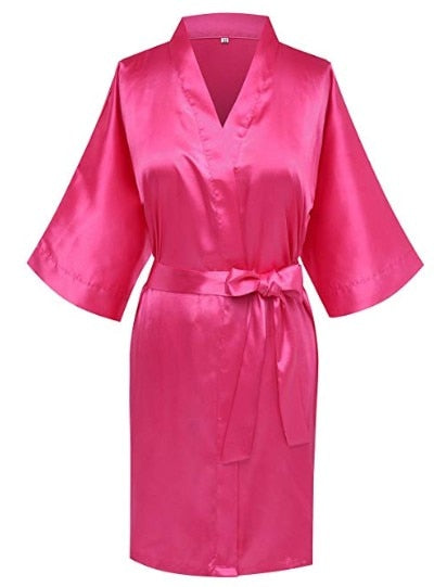 C&Fung plain Satin Robes hot pink champagne silver Kimono bathrobe Women's Simplicity Pajamas Wedding Party robes short S-XXL