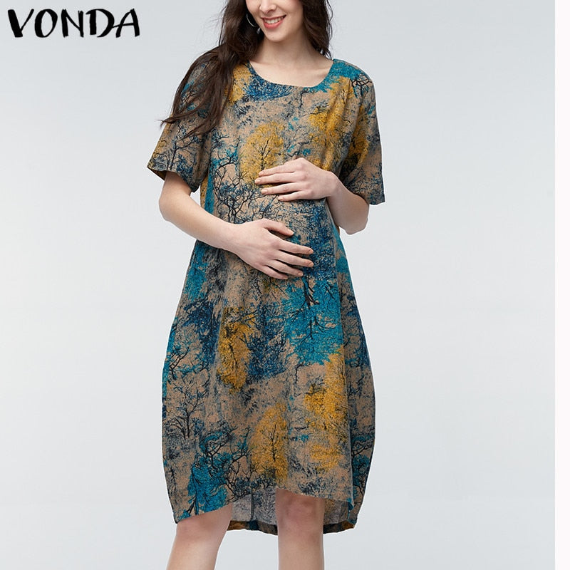 VONDA 2019 Summer Women Vintage Floral Print Maternity Dress Casual Loose Short Sleeve Pregnant Mother Clothes Plus Size M-5XL