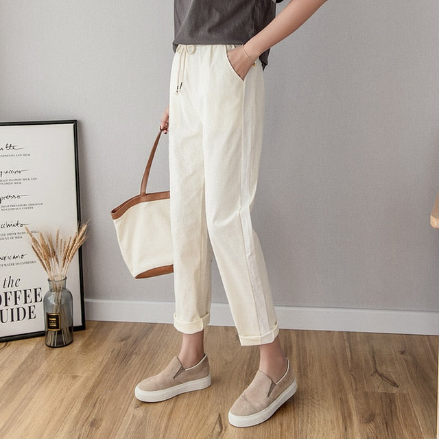 Cotton Linen Ankle Length Pants Women's Spring Summer Casual Trousers Pencil Casual Pants Striped Women's Trousers Green Pink