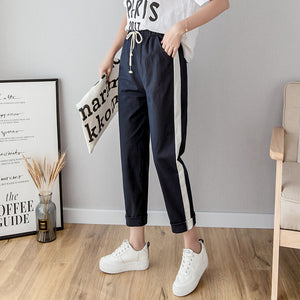 Cotton Linen Ankle Length Pants Women's Spring Summer Casual Trousers Pencil Casual Pants Striped Women's Trousers Green Pink