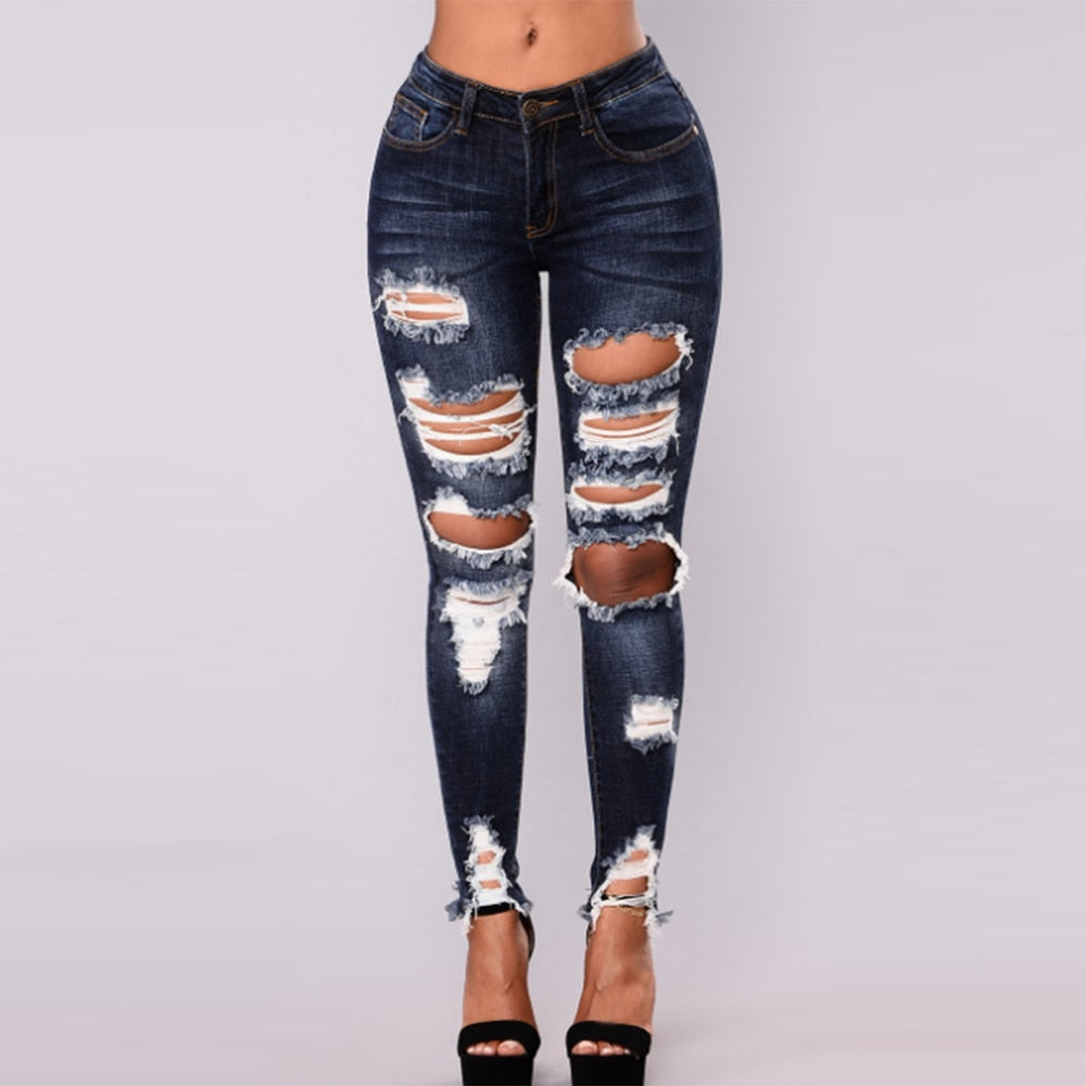 Wipalo Women High Waisted Skinny Destroyed Ripped Hole Plus Size Jeans Causl Ladies Denim Trousers Long Stretch Pencil Pants 3XL