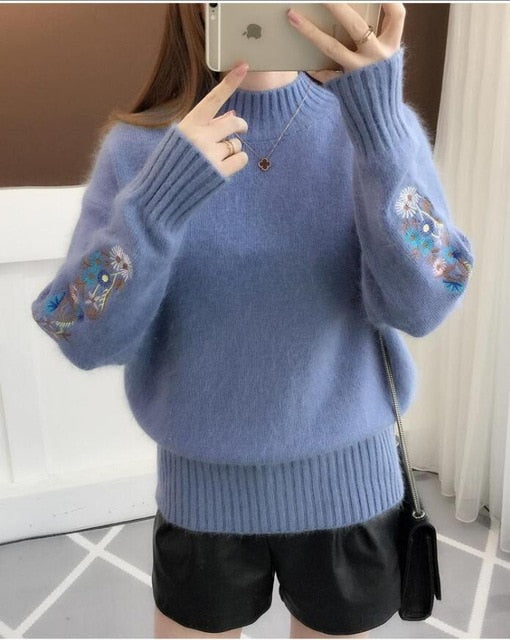 TIGENA Embroidery Turtleneck Sweater Women 2019 Winter Thick Warm Women Pullovers and Sweaters Female Knitted Pull Femme Red