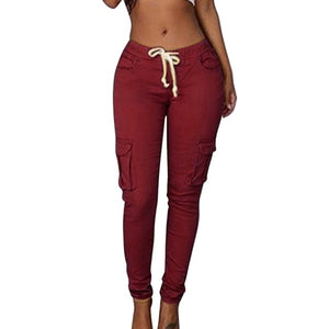 LAAMEI 2019 Spring Lace Up Waist Casual Women Pants Solid Pencil Pants Multi-Pockets Plus Size Straight Slim Fit Trousers