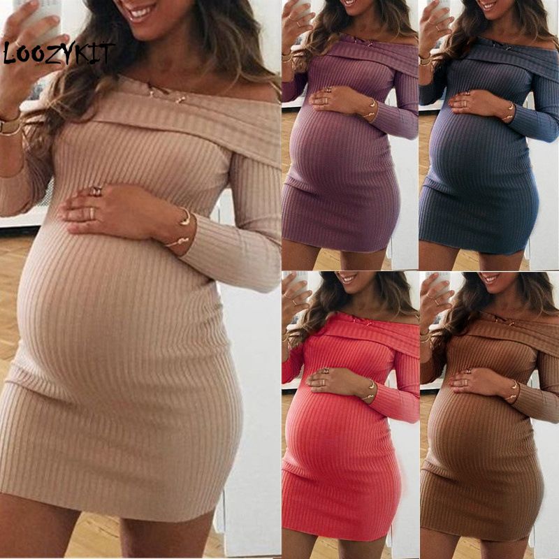 Loozykit 2019 Maternity Dress Autumn Winter Pregnancy Clothes Pregnant Women Shoulderless Long Sleeve Sexy Mummy Clothing