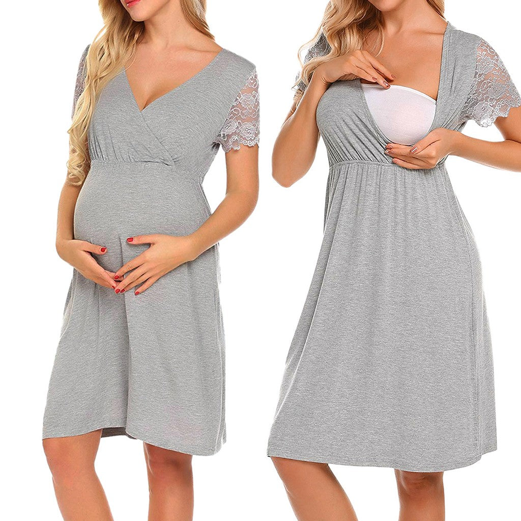 Pregnant Dress Womens Nursing Pregnancy Dress V-Neck Lace Splice Maternity Dress Breastfeeding Clothes femme enceinte robe 2019