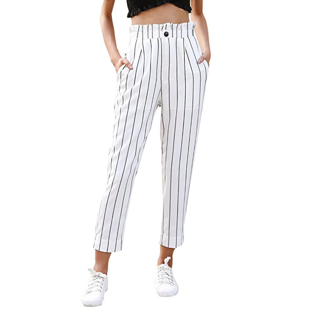 women's pants Striped Slim Straight Leg Casual Button Pants With Pockets trousers women clothes 2019