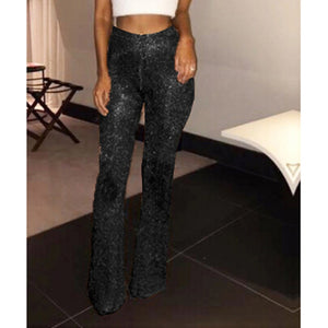 Sparkling Sexy Pants Clubwear Women's Bell Bottom Long Pants Sequin High Waisted Clubwear Party Knit Trousers