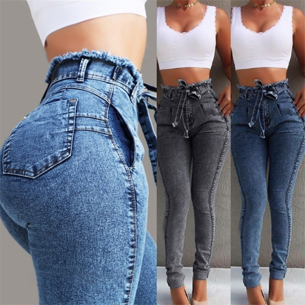 Laamei 2019 Summer High Waist Jeans Women Streetwear Bandage Denim Plus Size Jeans Femme Pencil Pants Skinny Jeans Woman