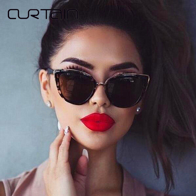 CURTAIN 2019 New Personality personality Cat Eye Sunglasses Sexy Color Luxury Anti-UV Retro Coating Reflective Ladies Sunglasses