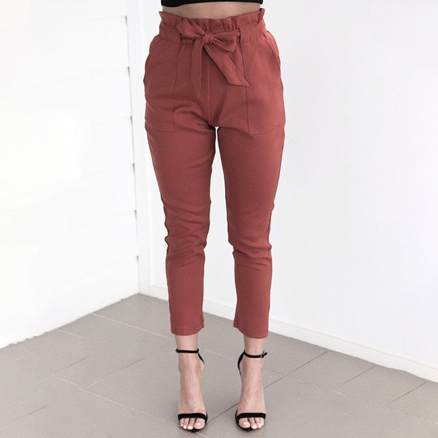 Cropped Paper Bag Pants High Waist Women Ankle Pants Pencil Slim Casual Trouser