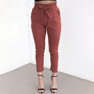 Cropped Paper Bag Pants High Waist Women Ankle Pants Pencil Slim Casual Trouser