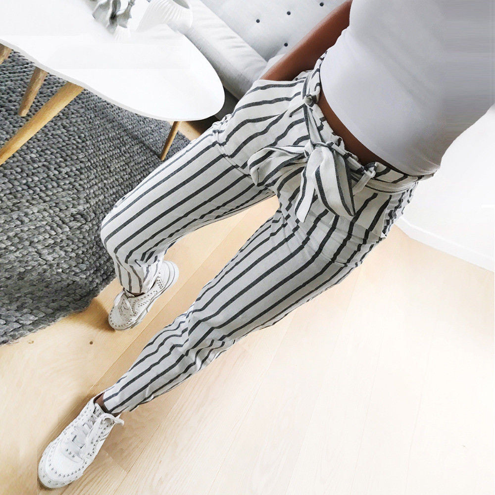 Skinny Women pants for women Striped Long Tie High Waist Ladies Pants Trouser women clothes pantalones mujer