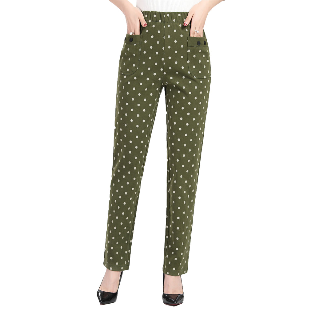 Woman Polka Dot Trouser Autumn Casual Elastic Waist Green Gray Navy Blue Dotted Pattern Pants For Women Cotton Bottoms Plus Size