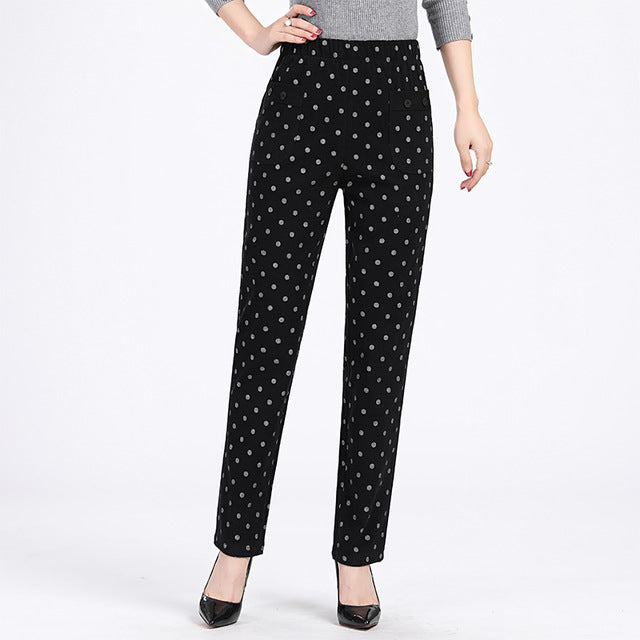 Woman Polka Dot Trouser Autumn Casual Elastic Waist Green Gray Navy Blue Dotted Pattern Pants For Women Cotton Bottoms Plus Size