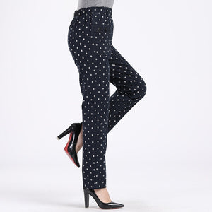 Woman Polka Dot Trouser Autumn Casual Elastic Waist Green Gray Navy Blue Dotted Pattern Pants For Women Cotton Bottoms Plus Size
