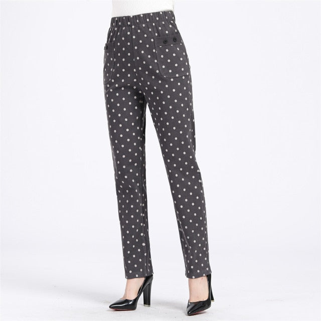 Woman Polka Dot Trouser Autumn Casual Elastic Waist Green Gray Navy Blue Dotted Pattern Pants For Women Cotton Bottoms Plus Size